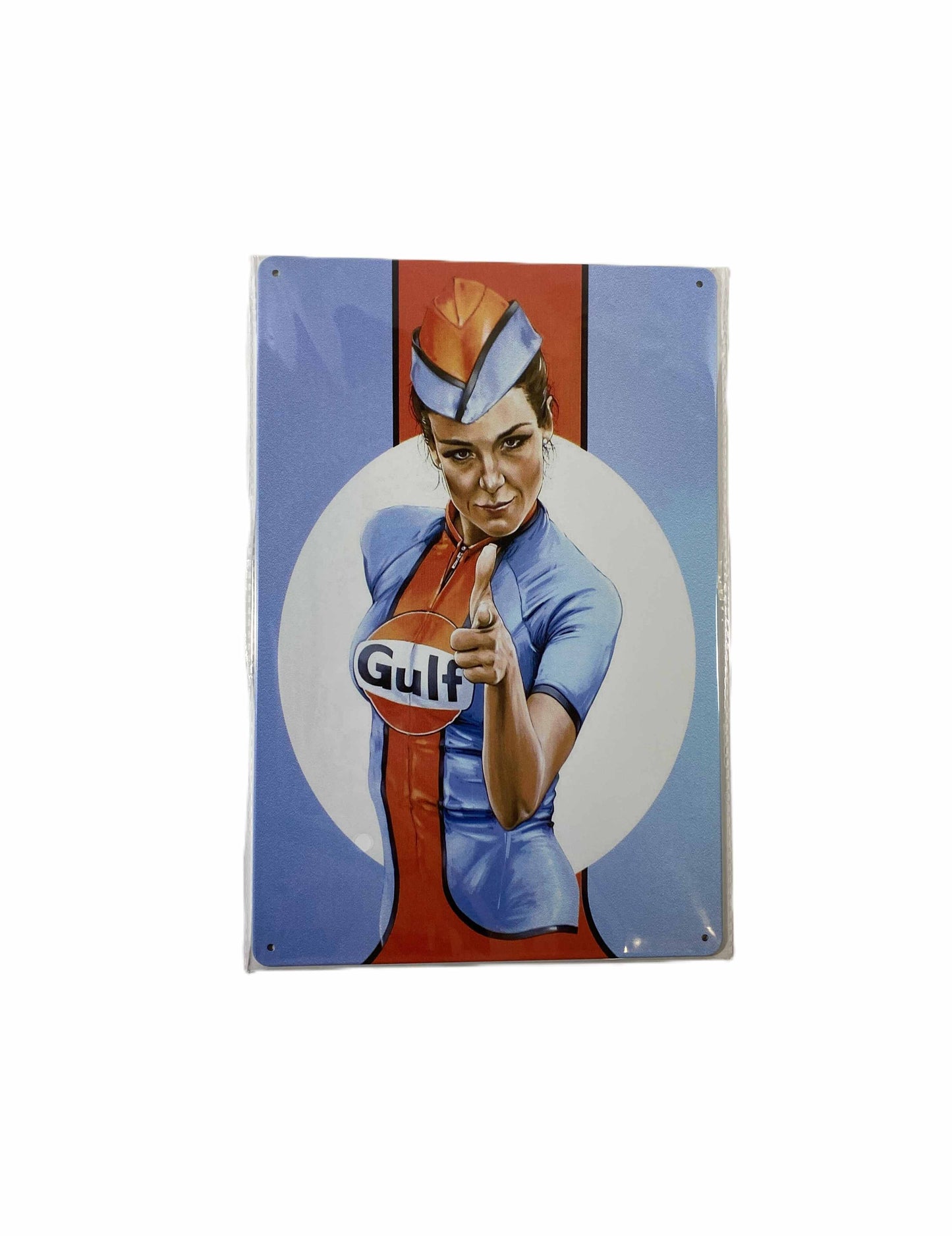 Plåtskylt 20*30 - Gulfkvinna pekar