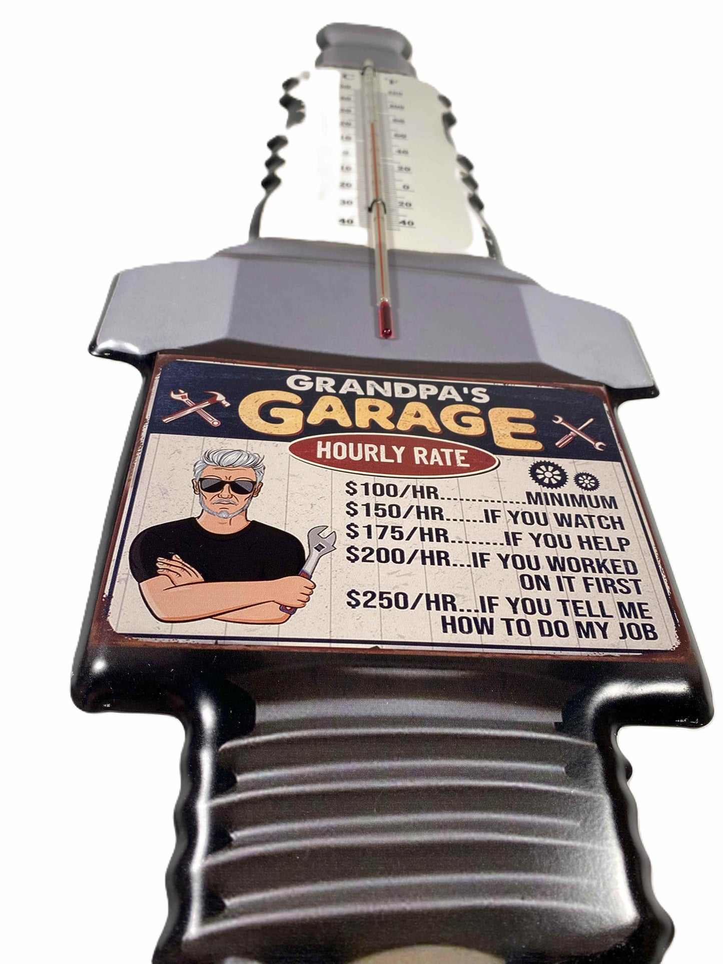 Plåtskylt med termometer- Grandpa's garage