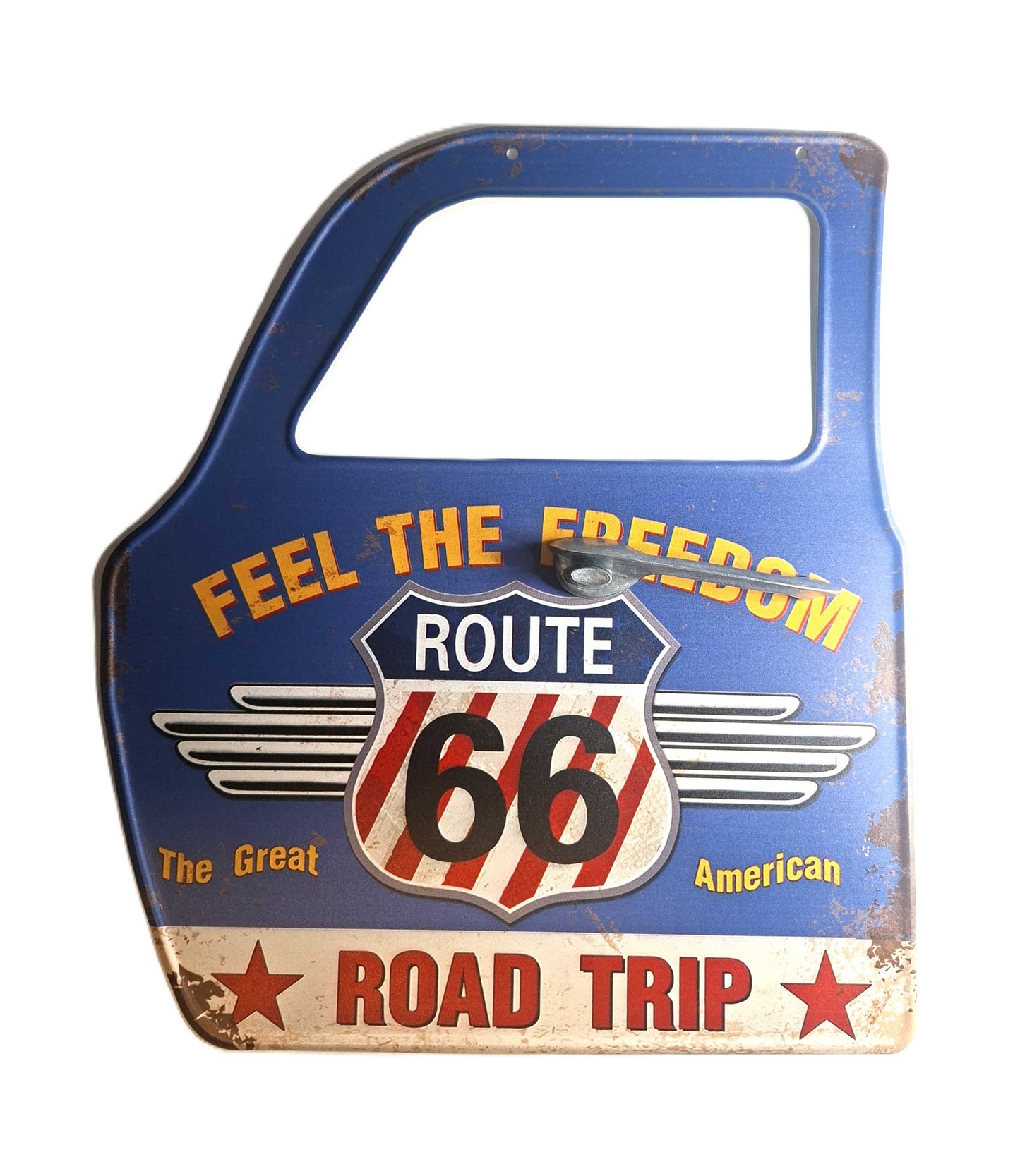 Plåtskylt Bildörr - Route 66, feel the freedom