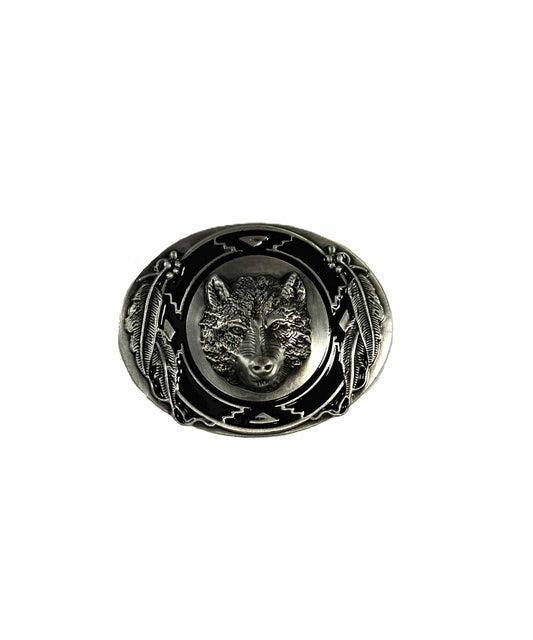 Buckle/ skärpspänne - Silvervarg med fjädrar