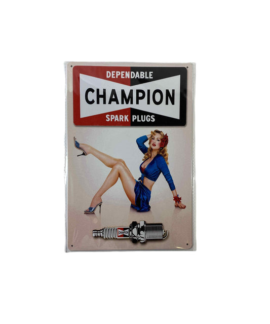 Plåtskylt 20*30 - Champion Sparkplugs, blå pinup