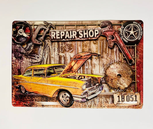 Skylt repair shop gul jänkare