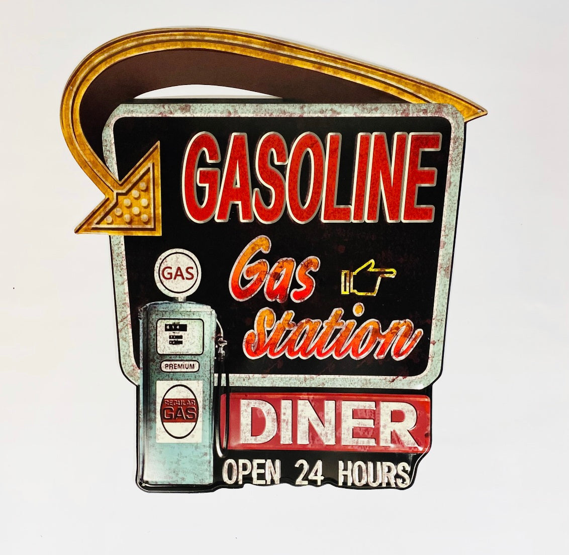 Skylt Gasoline and Diner stor.