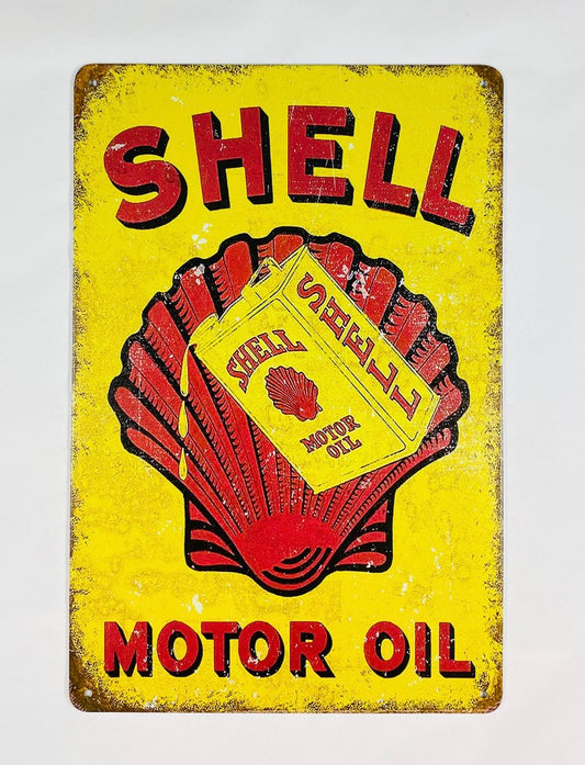 Shell motor oil rostig med burk Plåtskylt 20*30