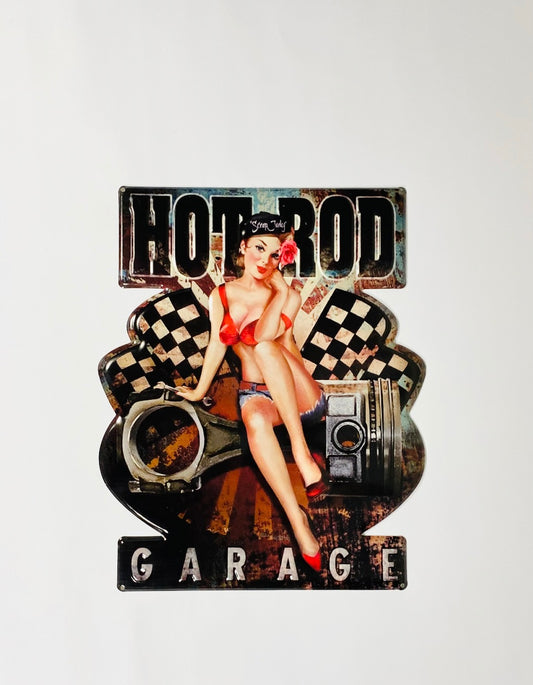 Skylt Hot Rod garage pinup, målflagga